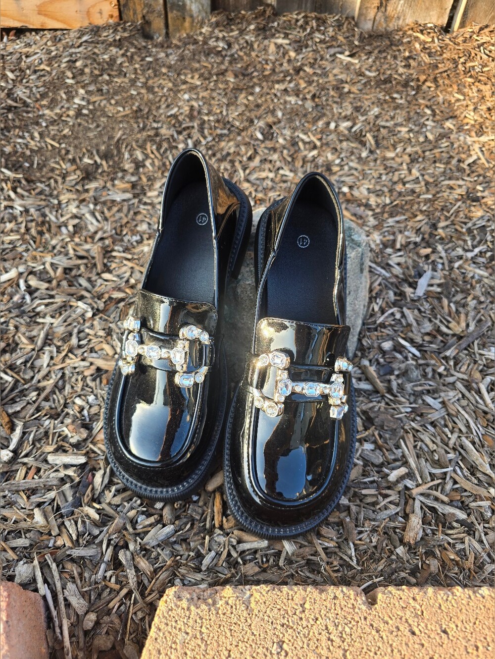 Black Patent Women's Neiman Marcus Loafers with Crystal Golden Buckles